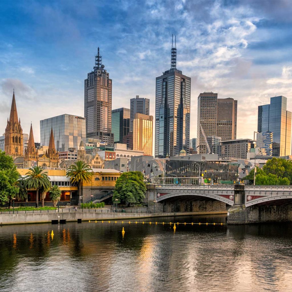 Photo of the Melbourne CBD skyline with river in the forefront and blue sky in the background
